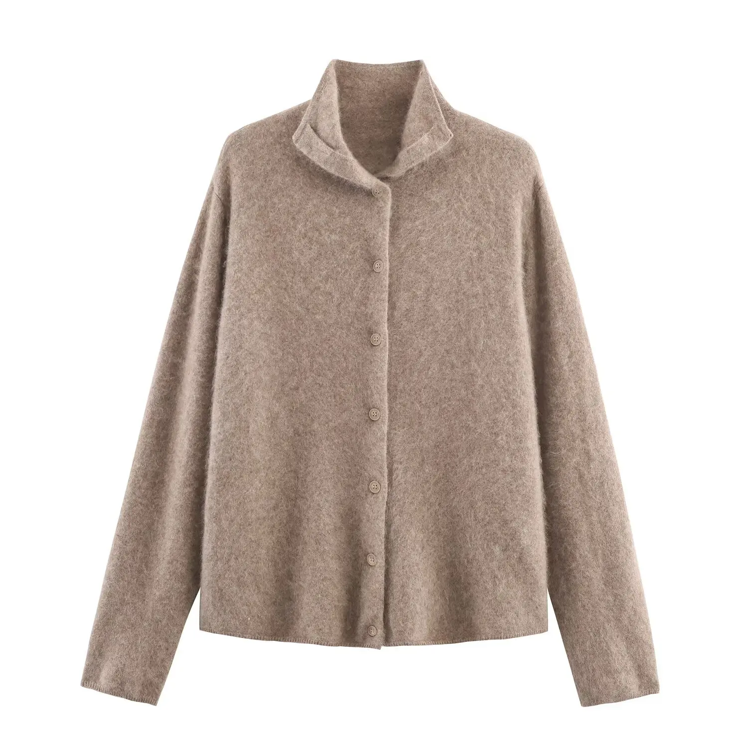 

2025 WOMAN Fashion European and American Style Autumn New Vertical Collar Knitted Cardigan Retro Long Sleeve Sweater Mujer