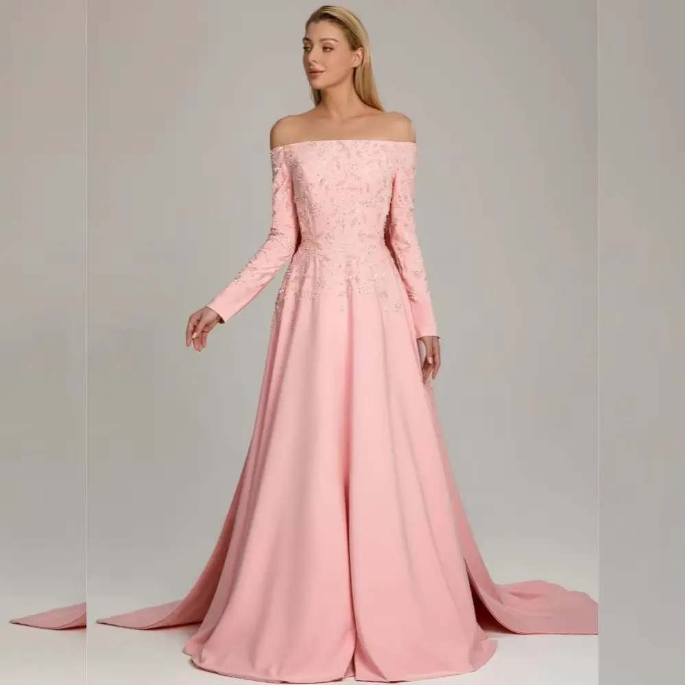 

Customized Intricate Matching Jersey Sequined Pleat A-line Off-the-shoulder Long Dresses Bespoke Occasion Classic