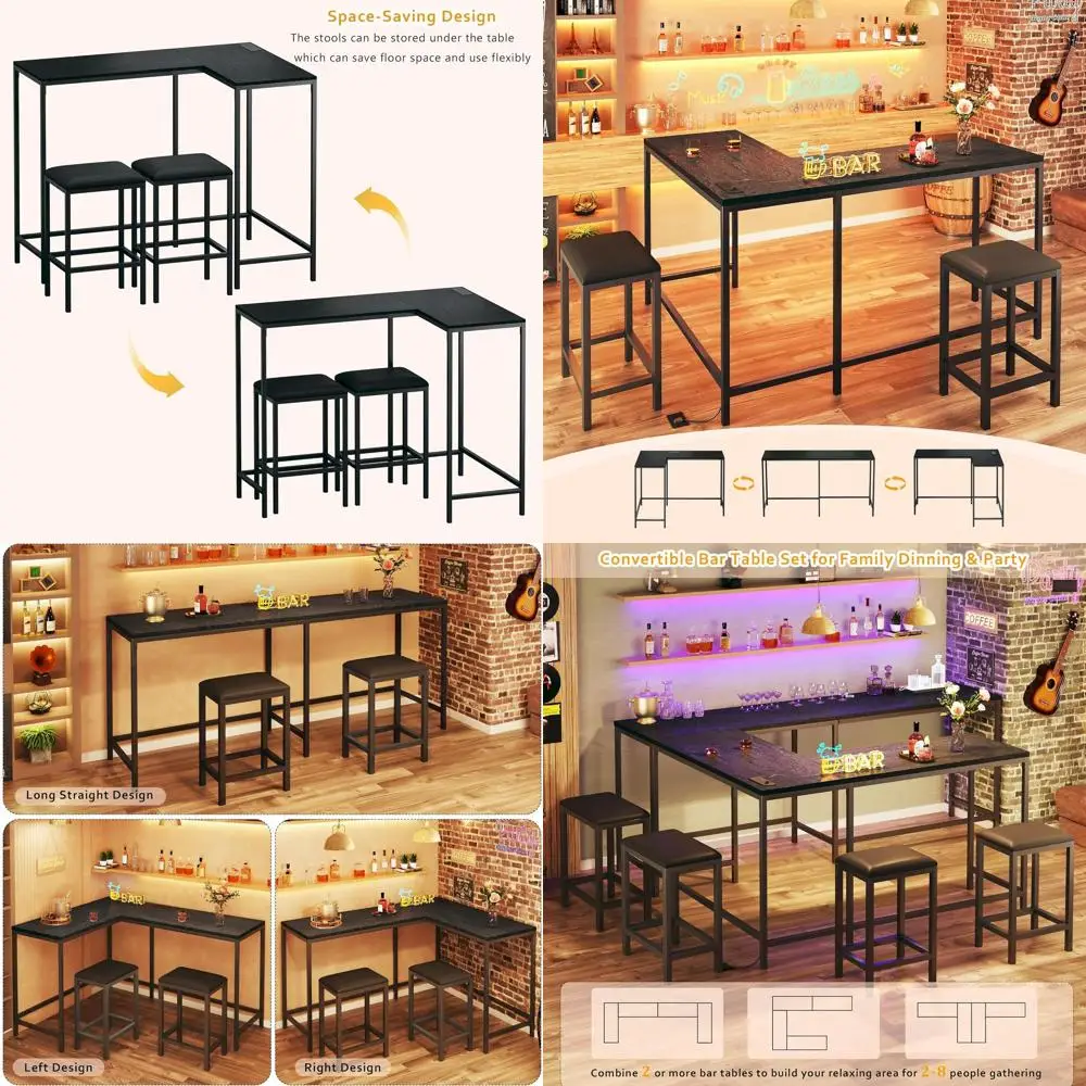 

Black 2-4 Seater L-Shaped Kitchen Table with Power Outlets and 3-Piece Counter Height Breakfast Nook Set