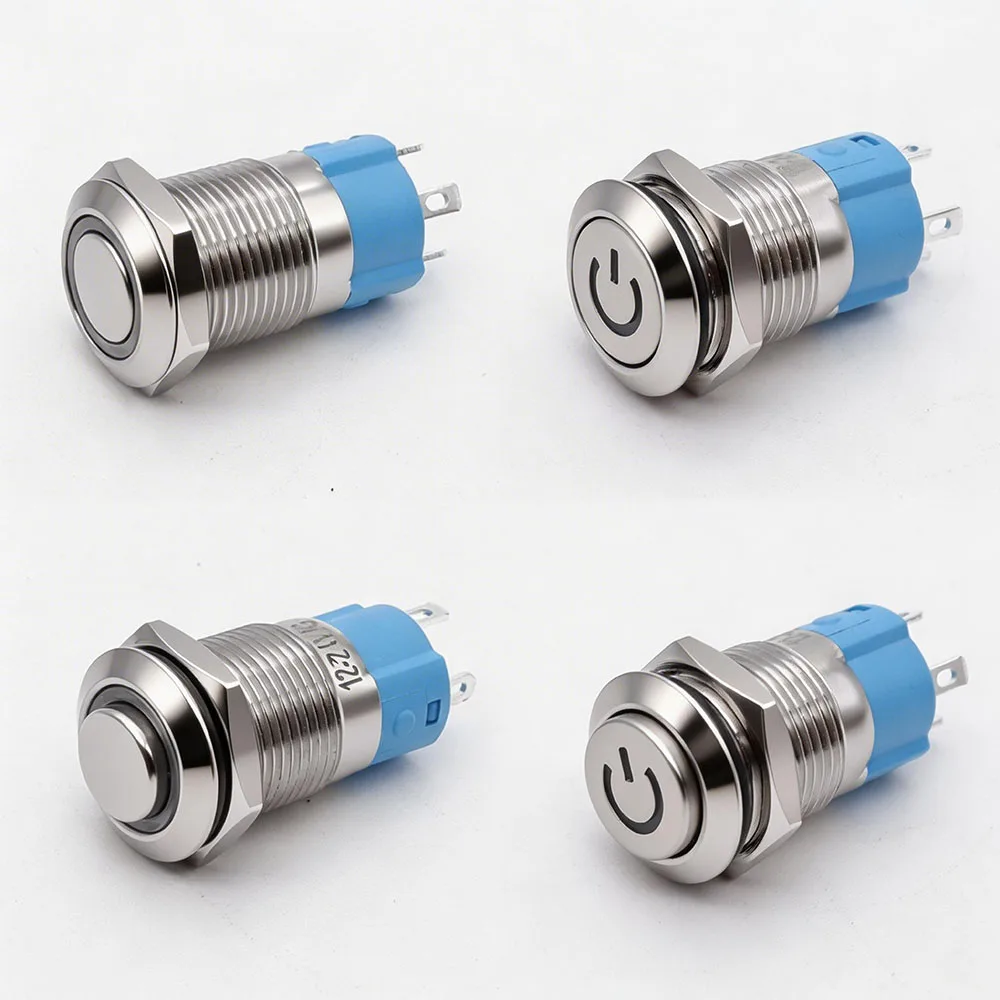 12mm Metal Press Switch Instantaneous/Button Type Flat Head High Waterproof LED Light Blue Green Red Yellow White 5V 12V 24V 220
