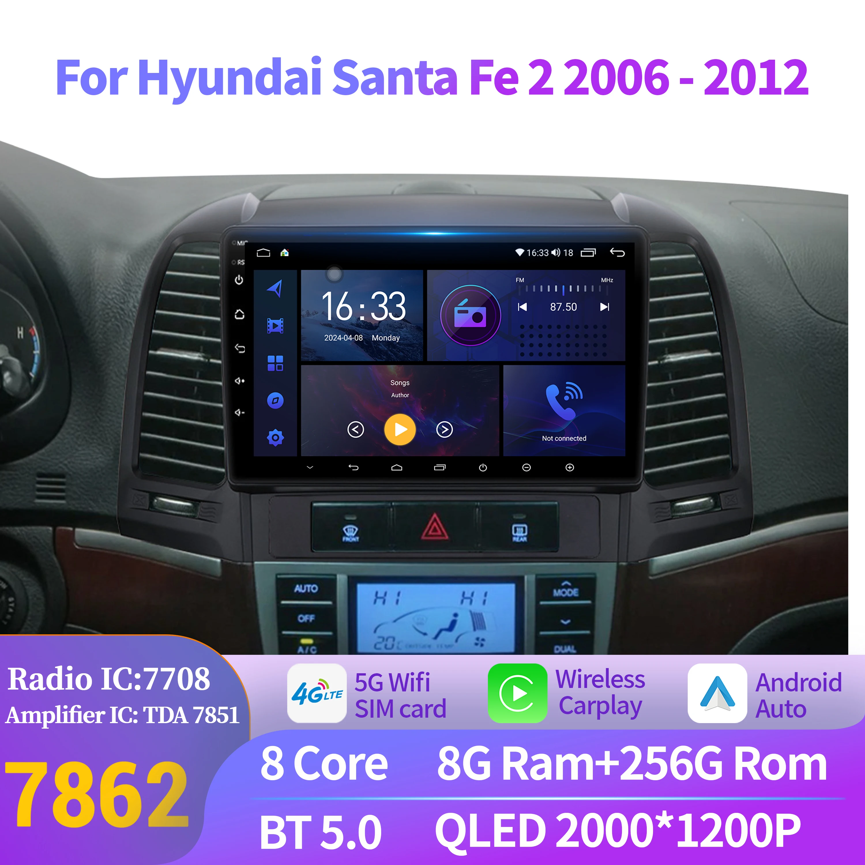 

Android 14 For Hyundai Santa Fe 2 2006-2012 Auto Car Radio Multimedia Navigation Wireless BT Carplay 7862 8+256 2K QLED Screen