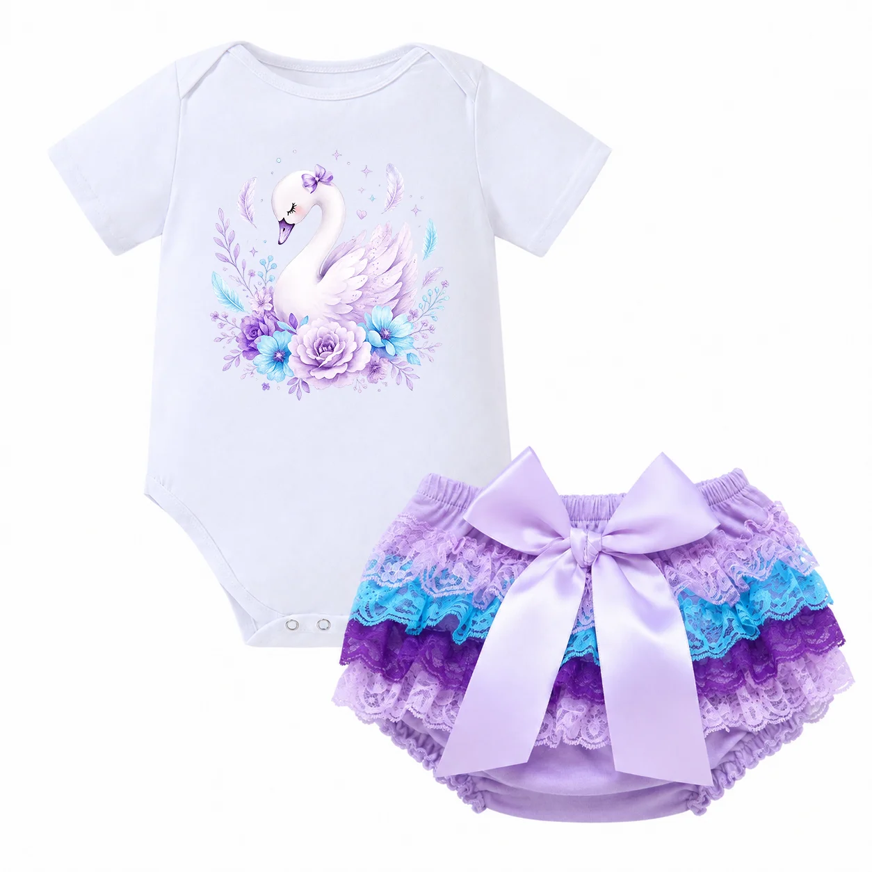 2Pcs Baby Girl Outfit Set White Swan Floral Print Short Sleeve Bodysuit Purple Blue Lace Tutu Shorts Big Bow Newborn Summer Clot