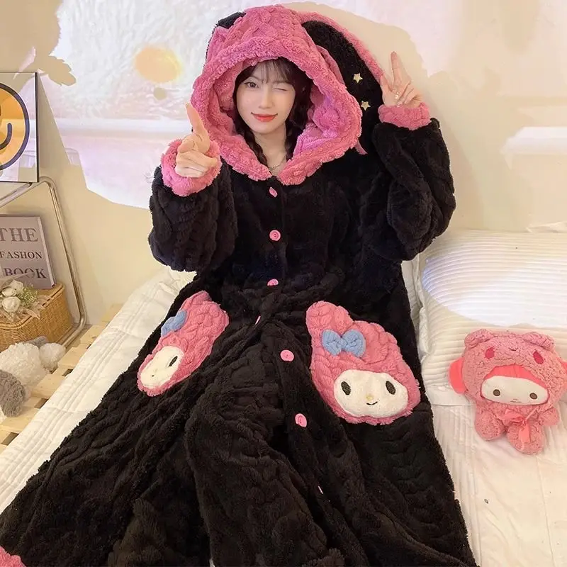 2Pcs My Melody Quilt Pajamas Kawaii Sanrio Anime Cartoon Winter Coral Fleece Thicken Nightgown Pajama Pants Girl Loungewear Set