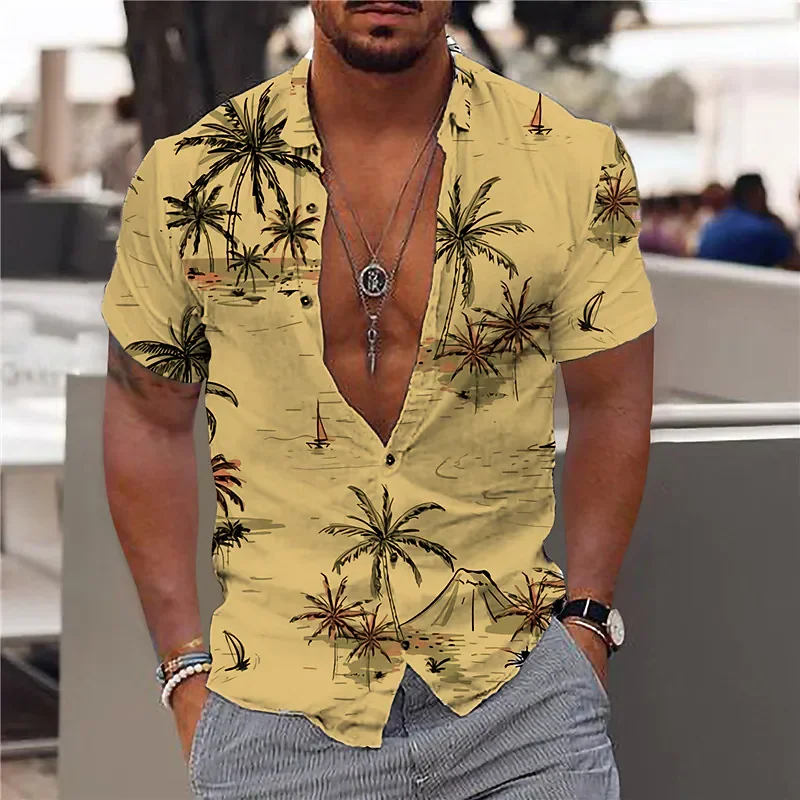 Camisa havaiana de manga curta masculina, camisa de coco, estampada em 3D, blusa de praia, tops de moda 3XL, 2023