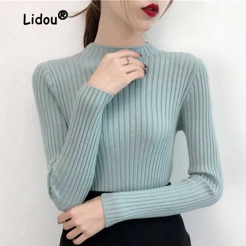 

Fashion Solid Color Striped Sweaters Women New High-quality Long Sleeve Mock Neck Slim Interior Lapping Bottoming Shirt Top 2022