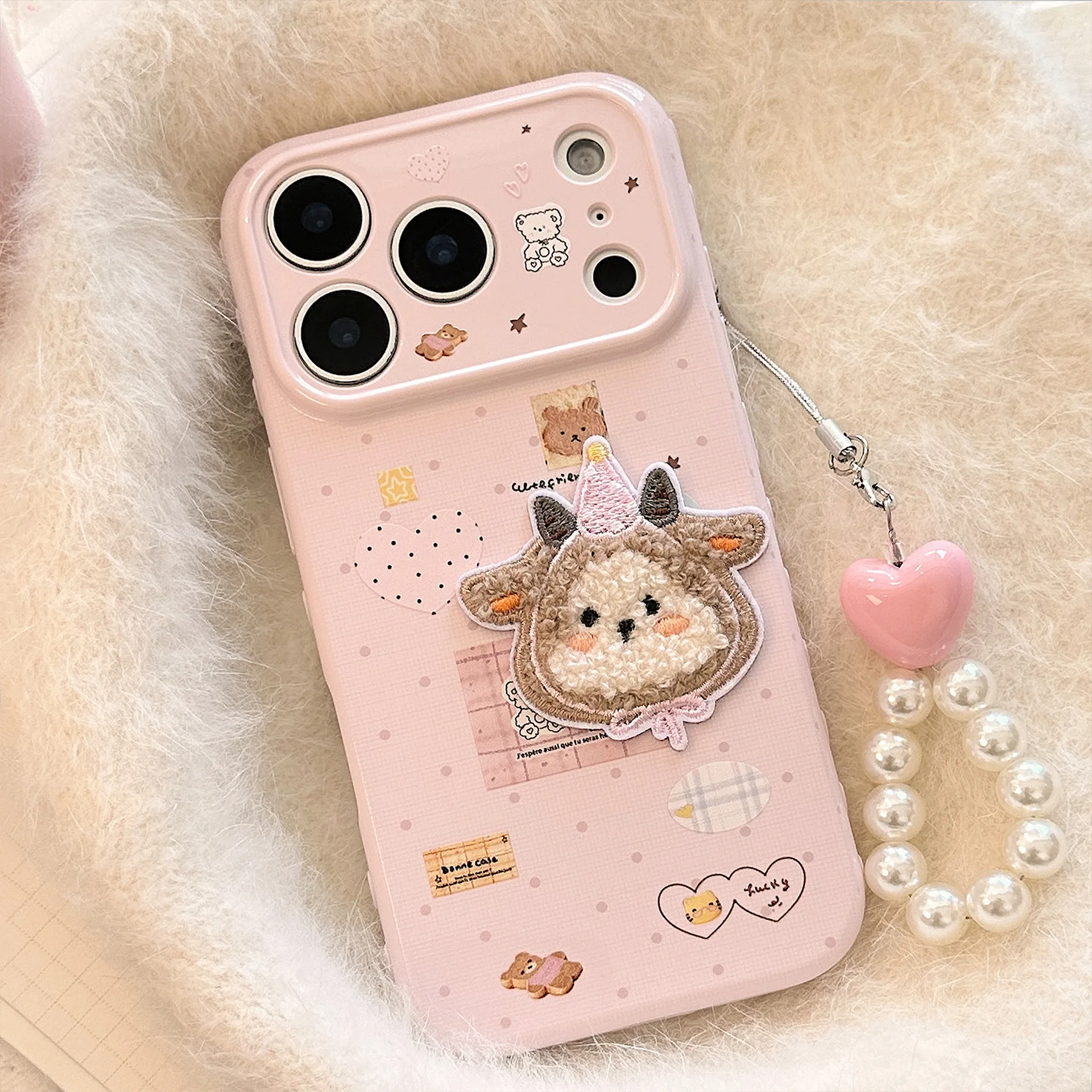 Koreanische Cartoon Stickerei Plüsch Schafe Aufkleber Telefon Fall Mit Kette Für iPhone 17 13 14 12 15 16 Pro max Stoßfest Soft Cover