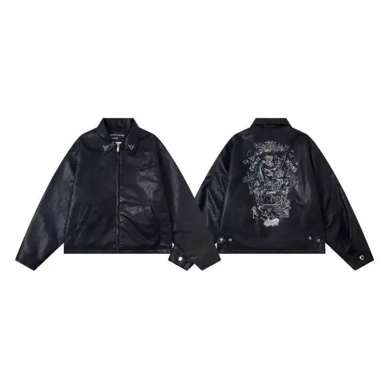 

Warmth And Sle: ERD Casual Embroidered Fce Lined PU Leather Jaet Men's Autumn Winter Windproof Cozy High Street Faion