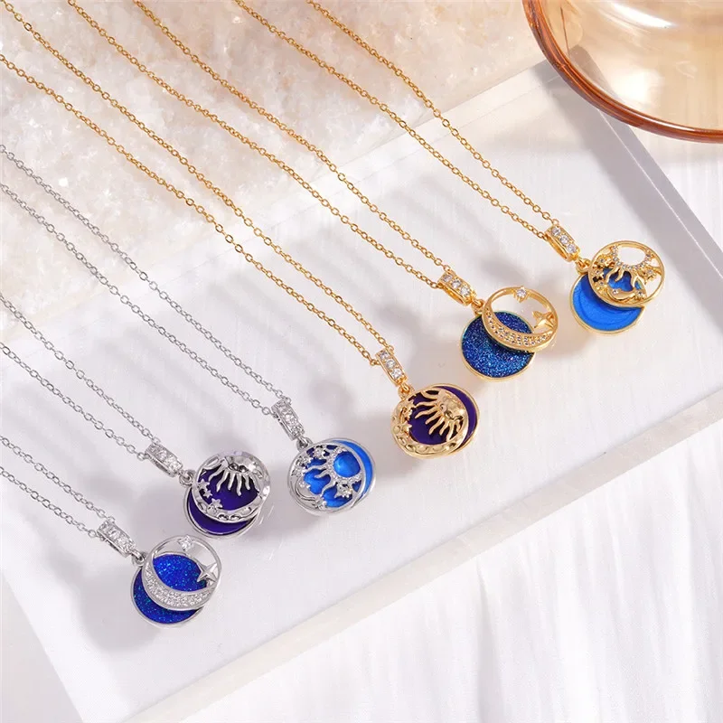 

Fashion Style Moon Sun Zircon Pendant Necklace Stainless Steel Chains High Grade Round Choker Jewelry Party Gift For Women Girls