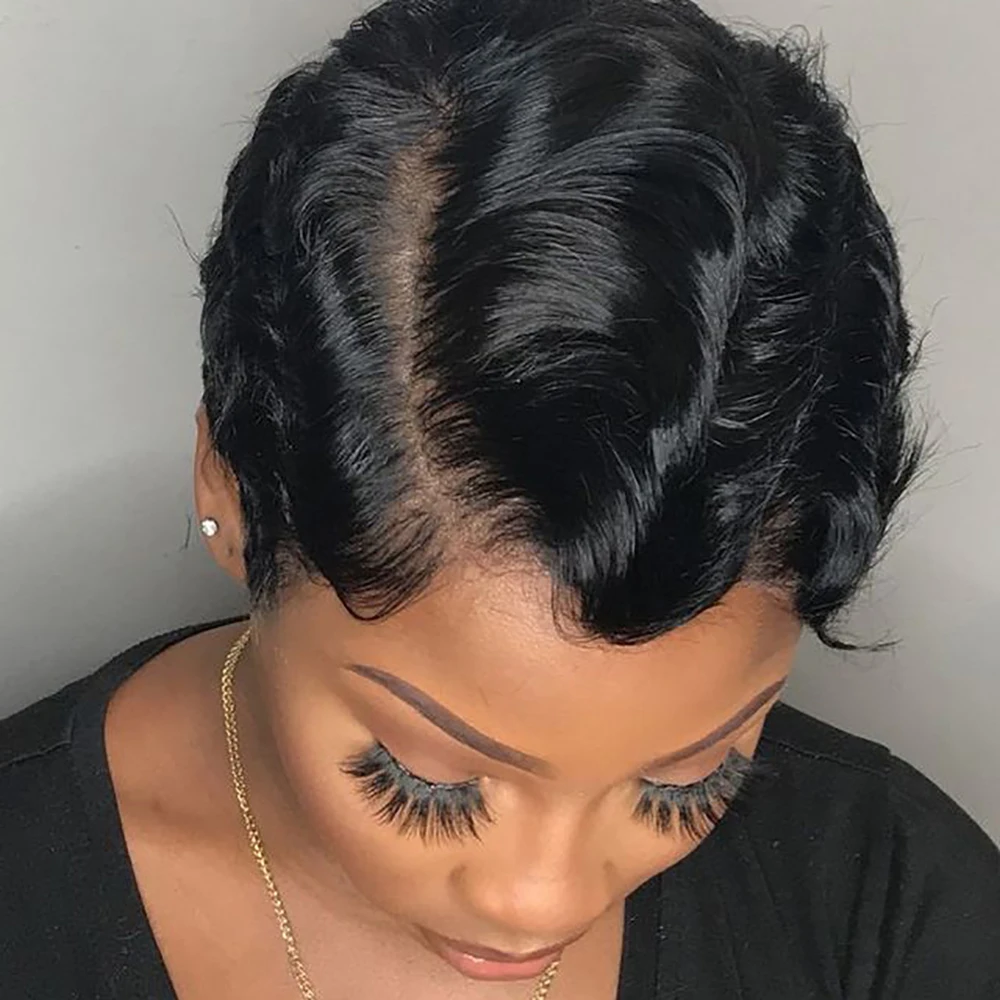 Parrucca corta con taglio pixie a onde da dito Parrucche brasiliane per capelli umani con attaccatura dei capelli pre-pizzicata per le donne Berretto fatto a macchina pronto da indossare