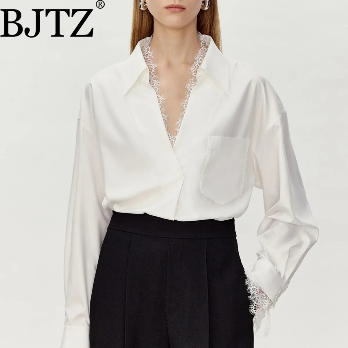 

BJTZ Высококачественная рубашка для поездок на работу, кружевная лоскутная прямая блузка с v-образным вырезом, женская элегантная дизайнерская ниша, повседневный топ