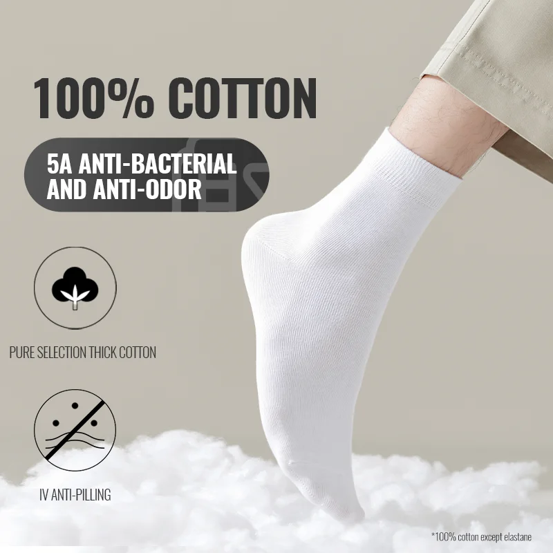 MiiOW 100% Pure Cotton Socks Men Business Dress White Black Long Sock Deodorant Antibacterial Sports Sock Running Plus Size Sock