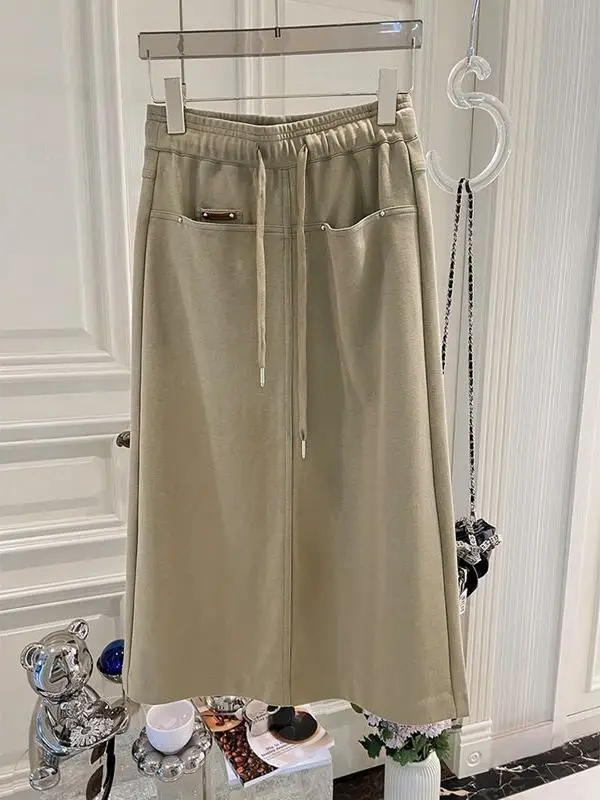 plus Size A-Line Skirt with Front Pocket Mid-Length Spring Summer Loose Casual High Waist Skirt for plus Size Women