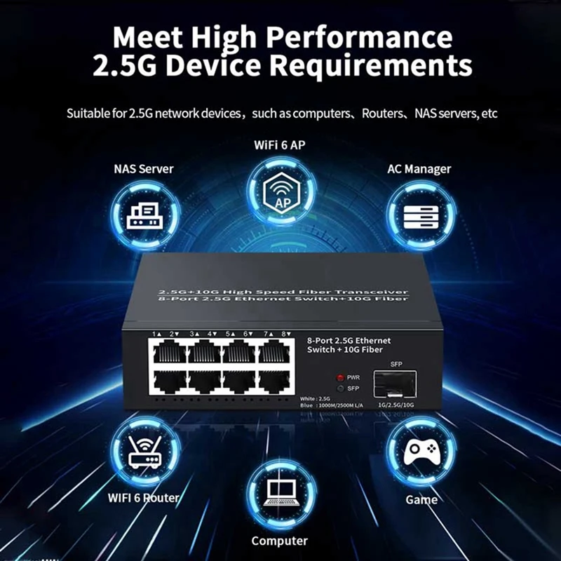 8 Port Ethernet Switch 2.5Gbps Network Switcher + 1 Port 10G Fiber Slot Home Lab Network Switch Plug and Play-EU Plug-A12I