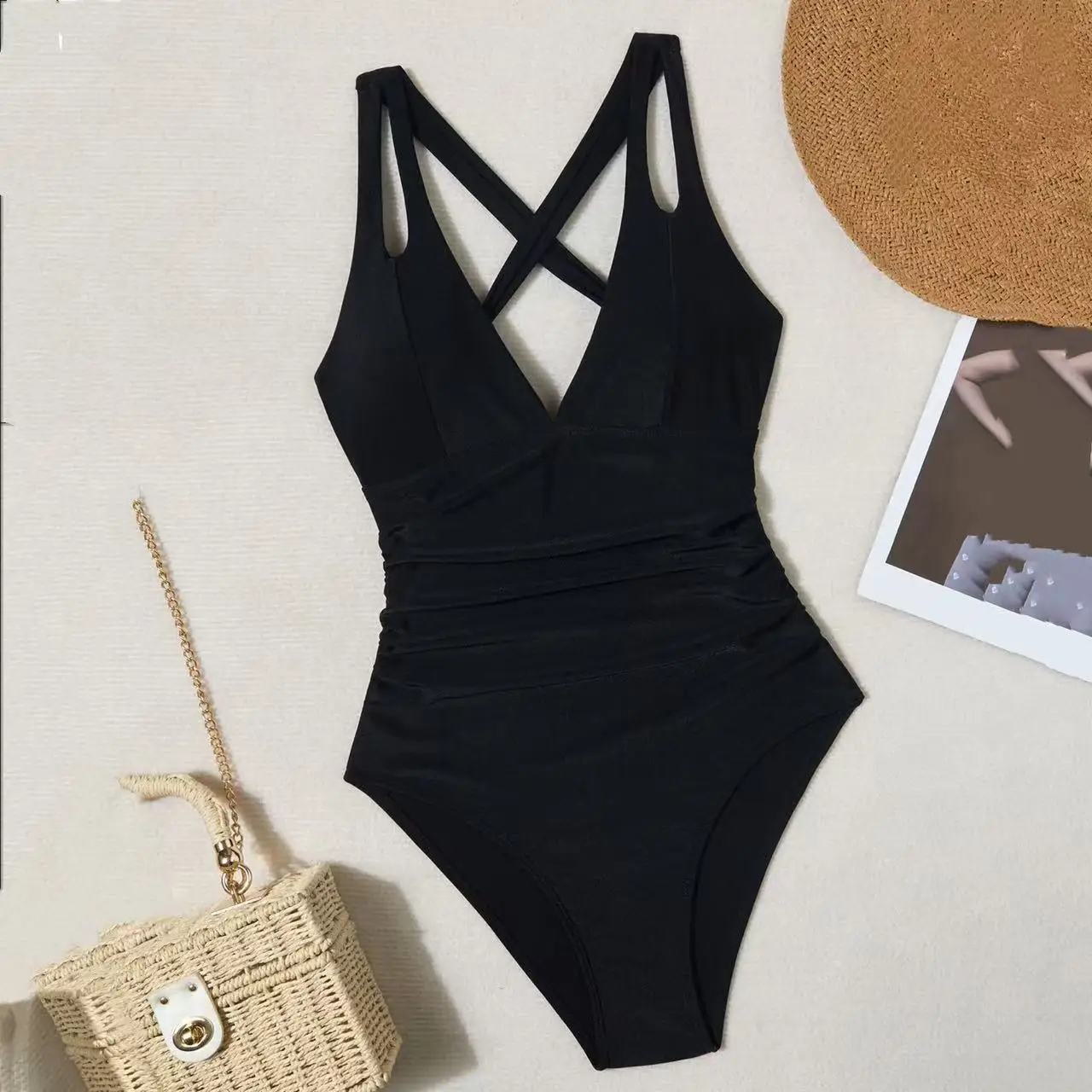Women's Solid Color Ruched Backless One-Piece Bikini Sexy Strappy Monokini Swimsuit Beach Vacation Tummy Control Swimwear Summer