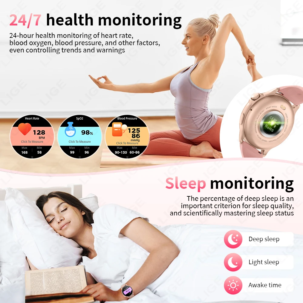 LIGE Smartwatch For Men Women Full Touch Screen Gifts Bluetooth Call Sports Fitness Tracker Health Monitor Ladies Digital Watch