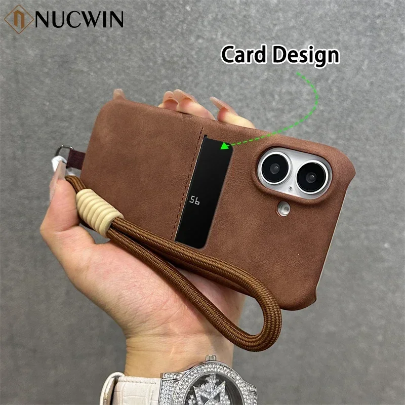 Luxury Sheepskin insert Card Soft Leather Lanyard Case iPhone 16 15 14 13 12 Pro Max 16 Plus Skin Feel Shockproof Bracelet Cover