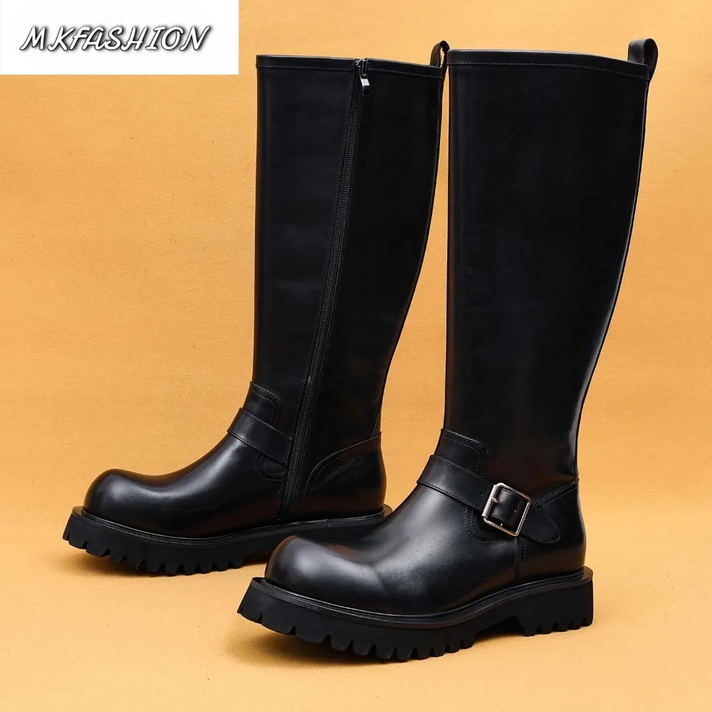 Men's Genuine Leather Over the Knee High Boots Round Toe Thick Soled Side Zipper Long Boot Shoes