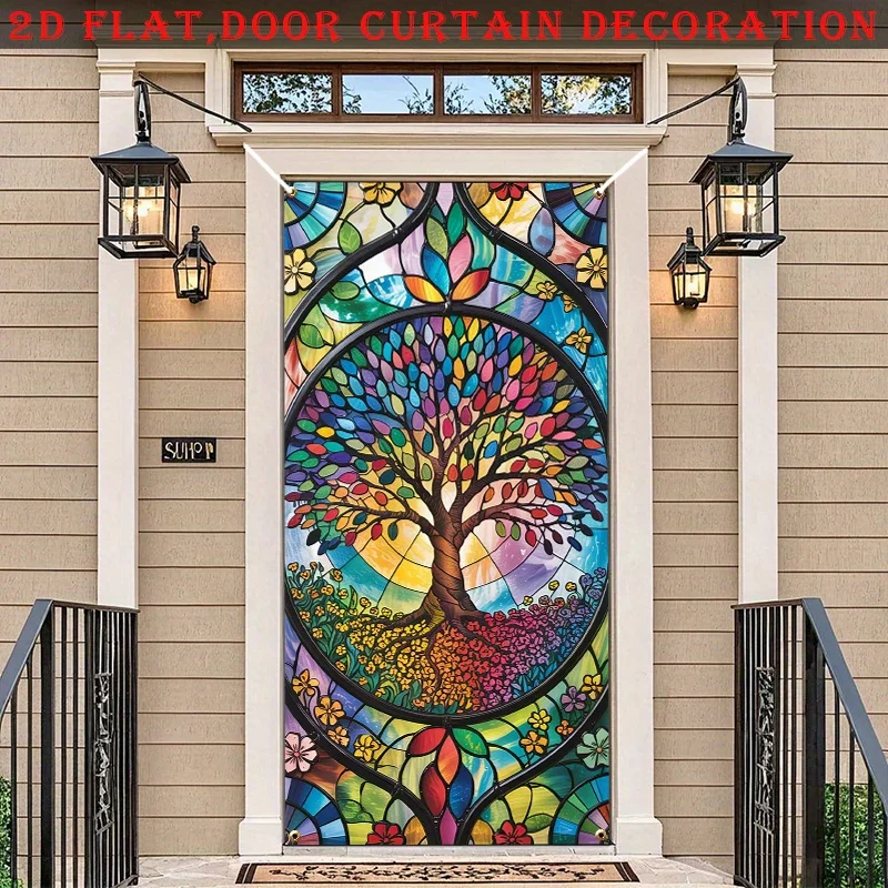 Colorful Tree of Life Door Banner Stained Glass Style Polyester Door Cover Wall Hanging for Home Entrance Living Room
