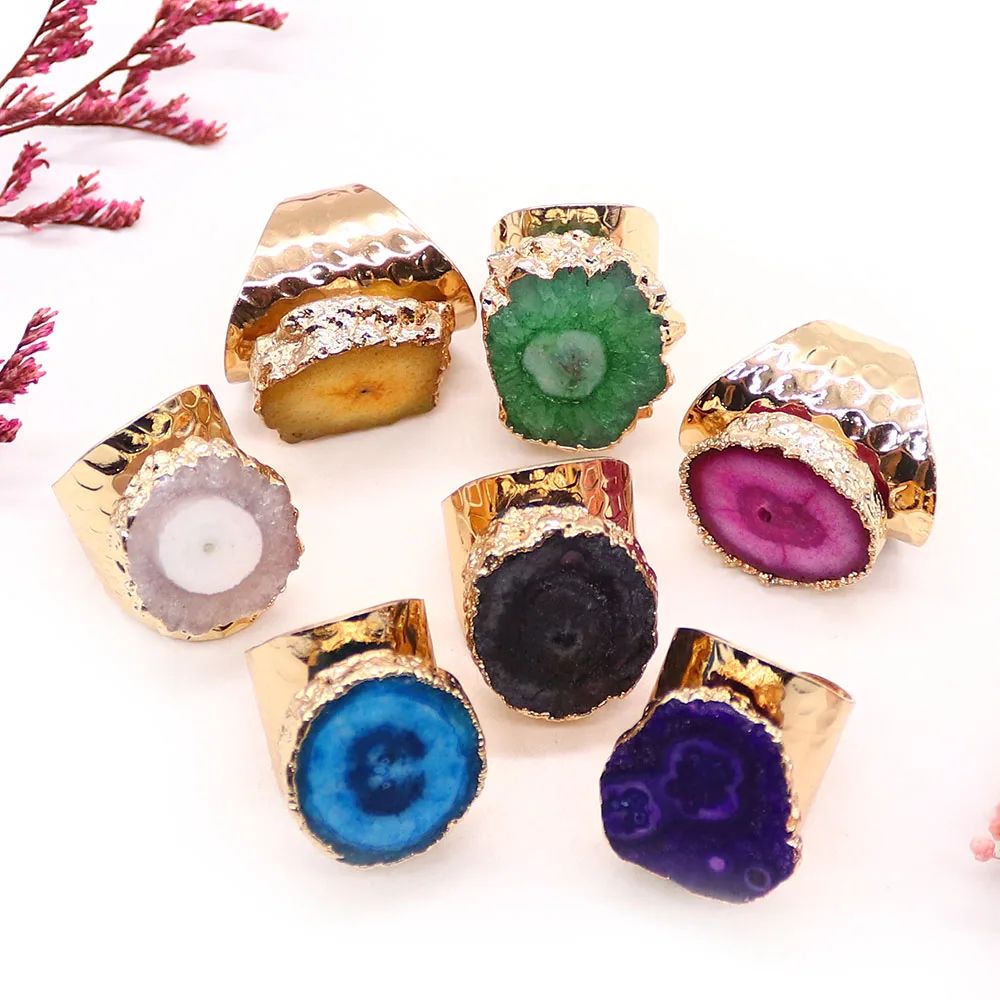 Colorful Irregular Natural Stone Druzy Agate Slices Open Rings Gold-plated Resizable Finger Ring Jewelry for Women Men Gifts