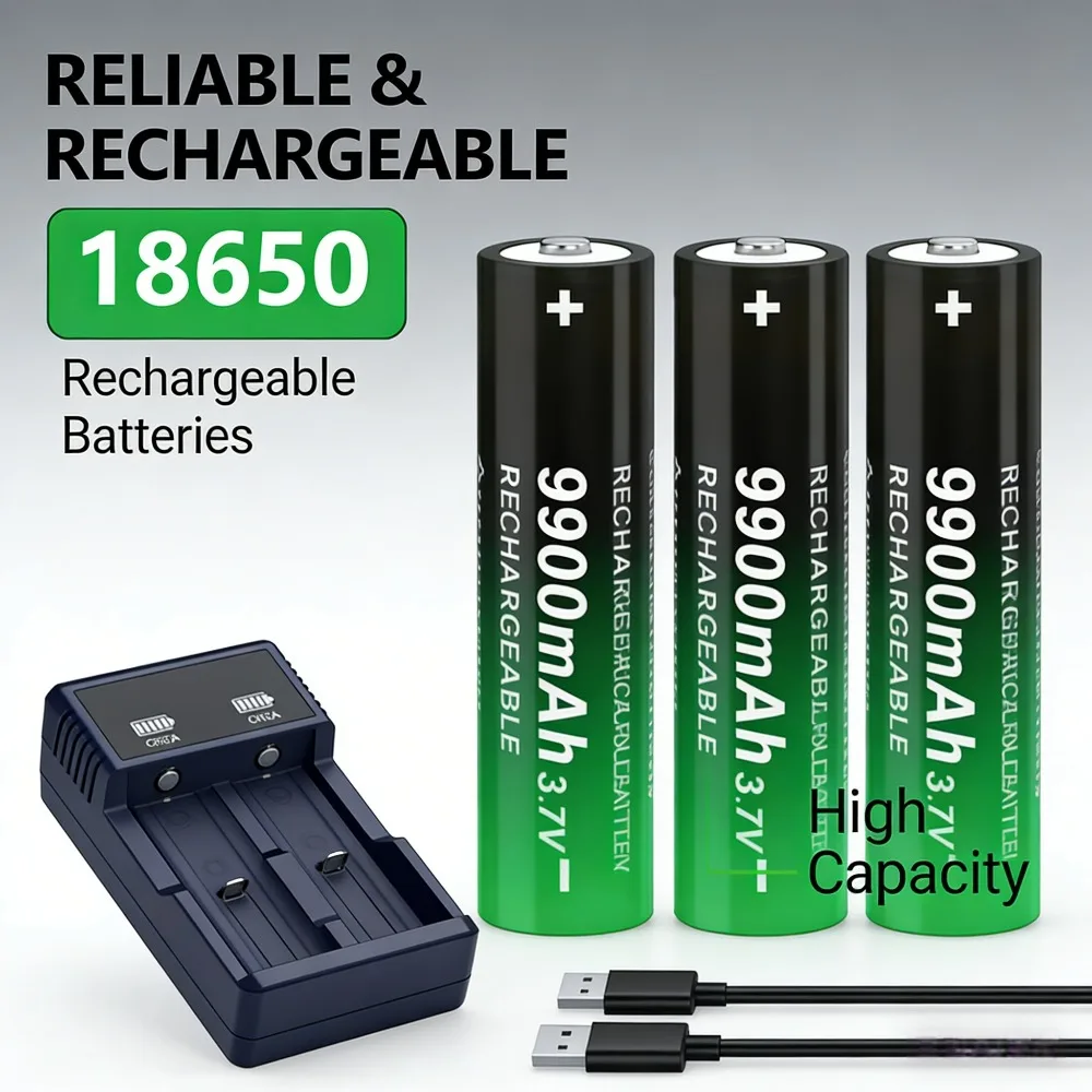 

Durable 3.7V 18650 9900mAh Rechargeable Lithium Battery with USB Fast Charger for High Power LED Flashlights