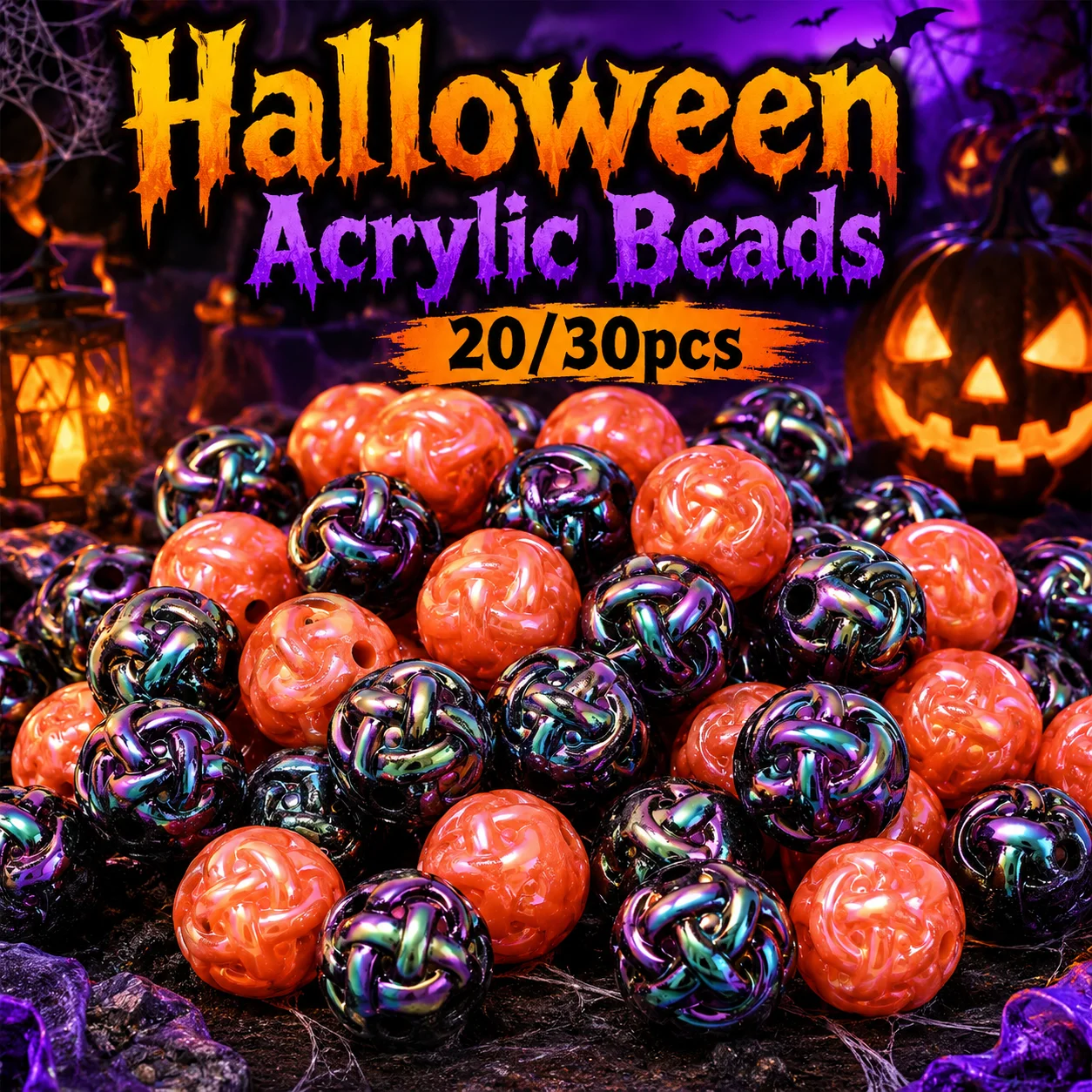 iYOE 10/30pcs 15mm Halloween Fleece Acrylic Beads Woven Pumpkin Beads for Jewelry Making Bracelet Necklace Festival Decoration