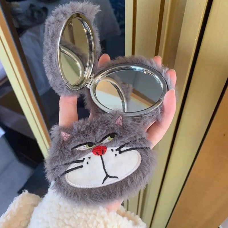 Kawaii Anime Cute Cat Plush Mirror Creative Small Exquisite Plush Double-sided Folding Portable Makeup Mirror Girls\' Gift