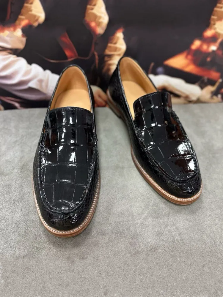 Men Handmade Fashion Business Comfortable Crocodile Genuine Leather Slip-On Dress Shoes Round Toe Shoes Versatile Formal Shoes