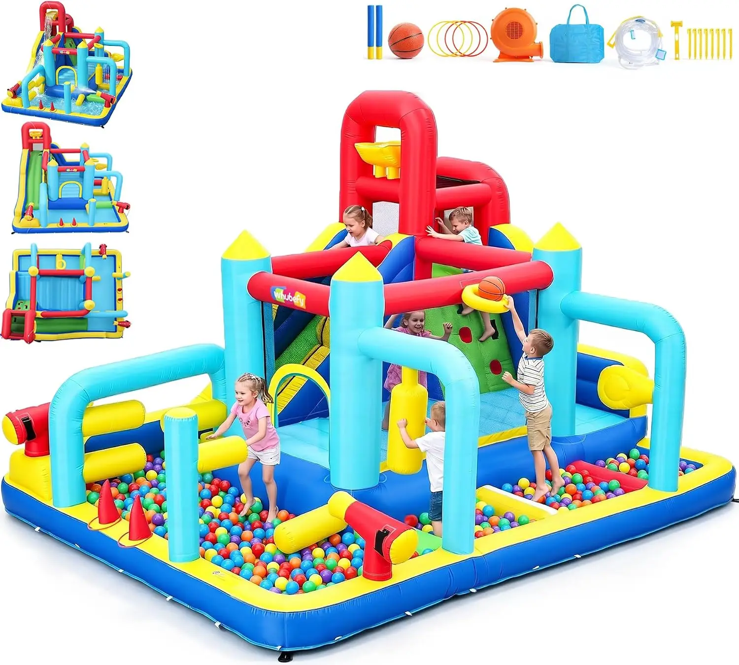 16-in-1 Inflatable Bounce House Obstacle Course for Kids with Water Slide