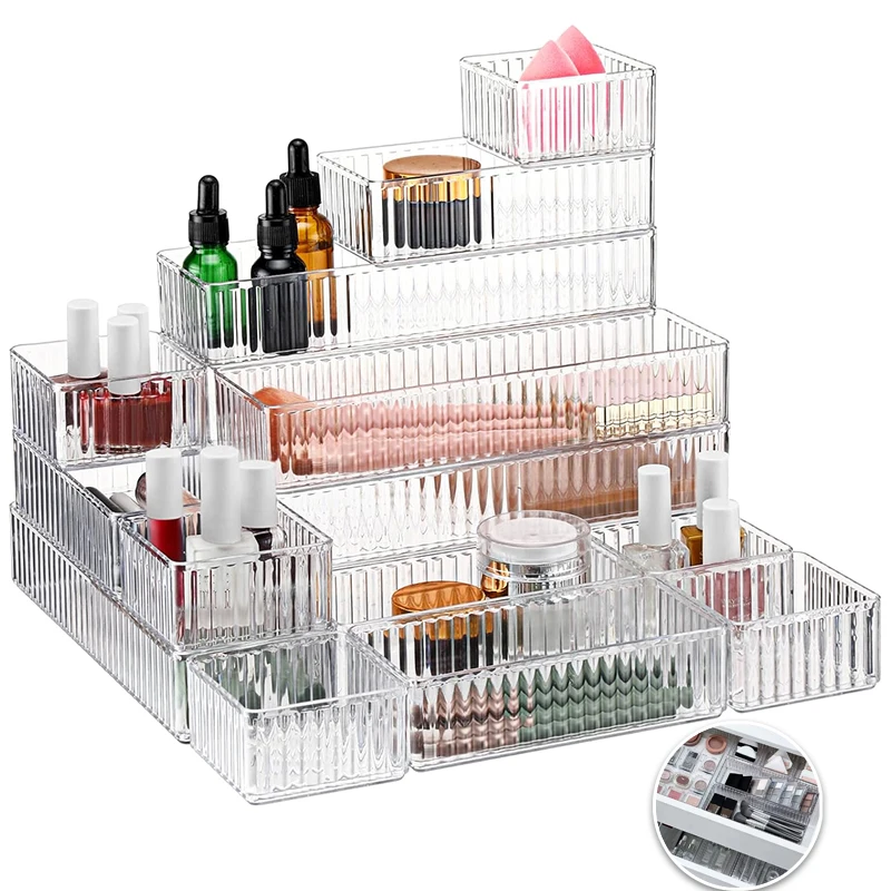 Bacs organisateurs de tiroirs transparents, plateaux organisateurs de maquillage et de vanité empilables, conteneurs de rangement de tiroirs de salle de bains en acrylique