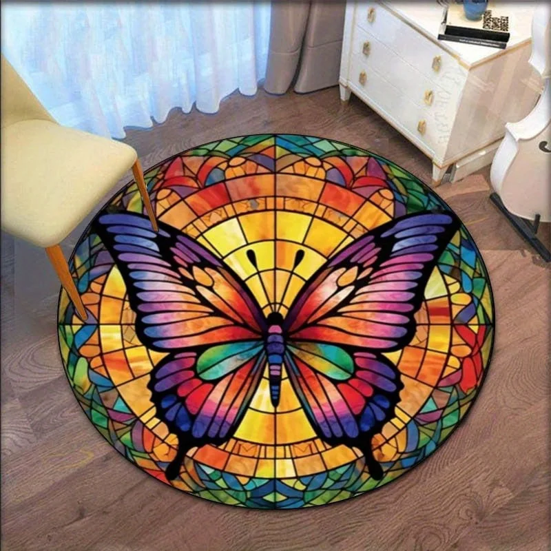

Stained Glass Butterfly Rainbow Round Crystal Velvet Rug Colorful Artistic Design Living Room Bedroom Decorative Floor MatCarpet