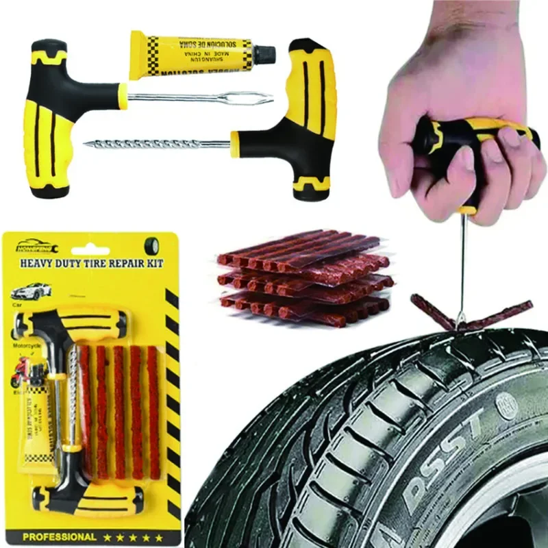 Car Tire Puncture Repair Kits Tire Repair Tool with Rubber Strips Tubeless FlatTire RepairTools for Car Trucks Motors Bike Parts