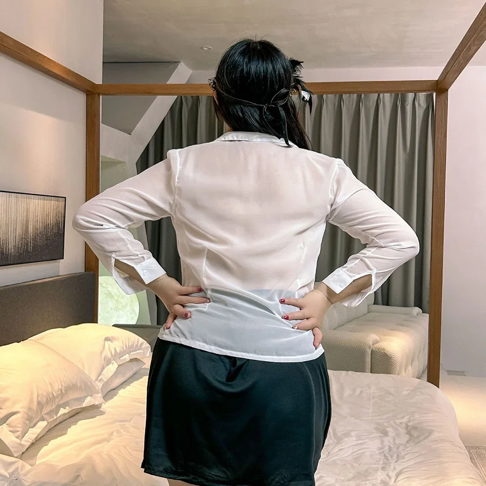 40–100 kg weißes Hemd, Krawatte, transparent, Chiffon, Sekretärin, Lehreruniform, Versuchung, sexy Dessous, erotischer OL-Rock, Cos-Pyjamas