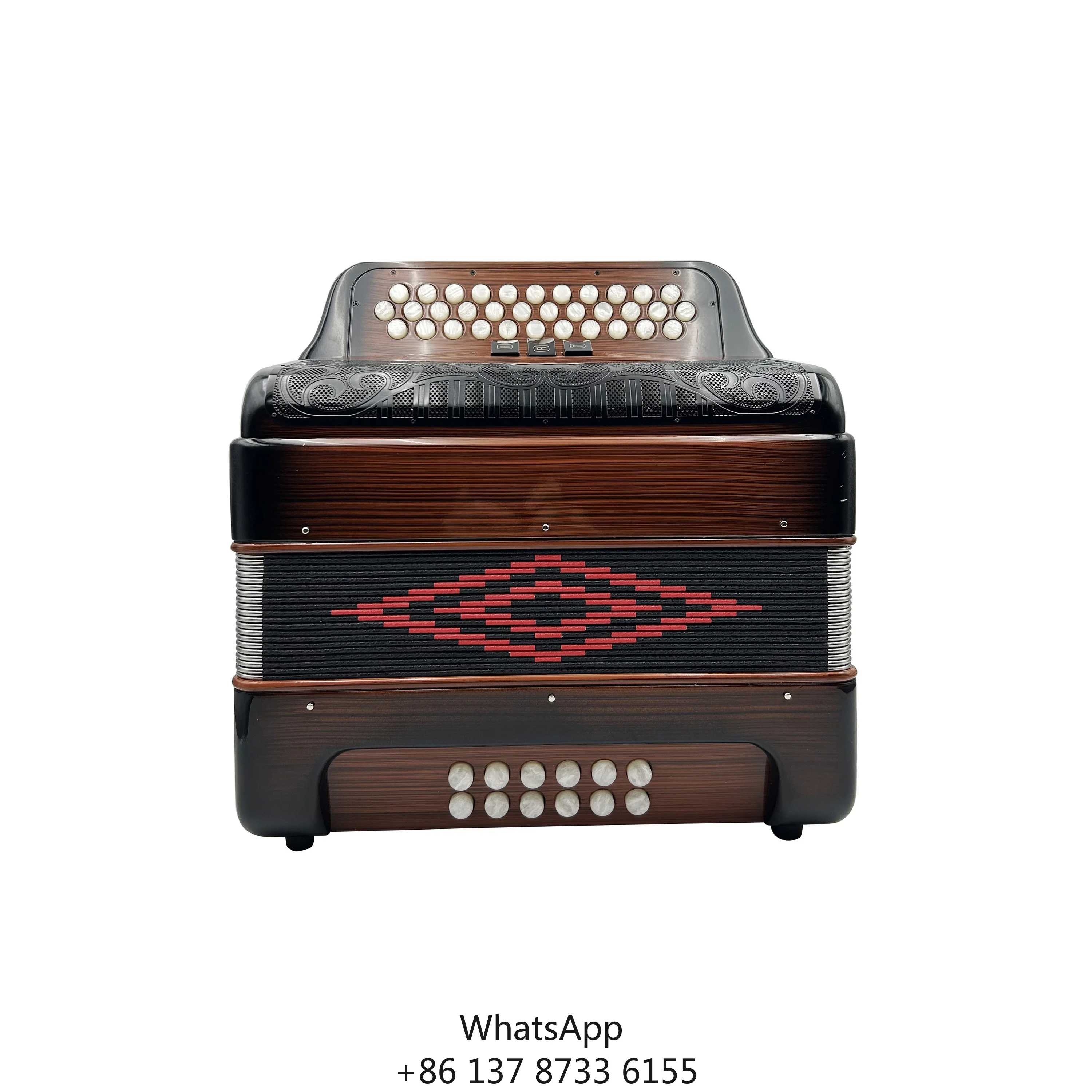 

Professional 34 Buttons 12 Bass 3 Registers Wood Flame Body Accordion With Black Grill White Buttons Portable JB3412C