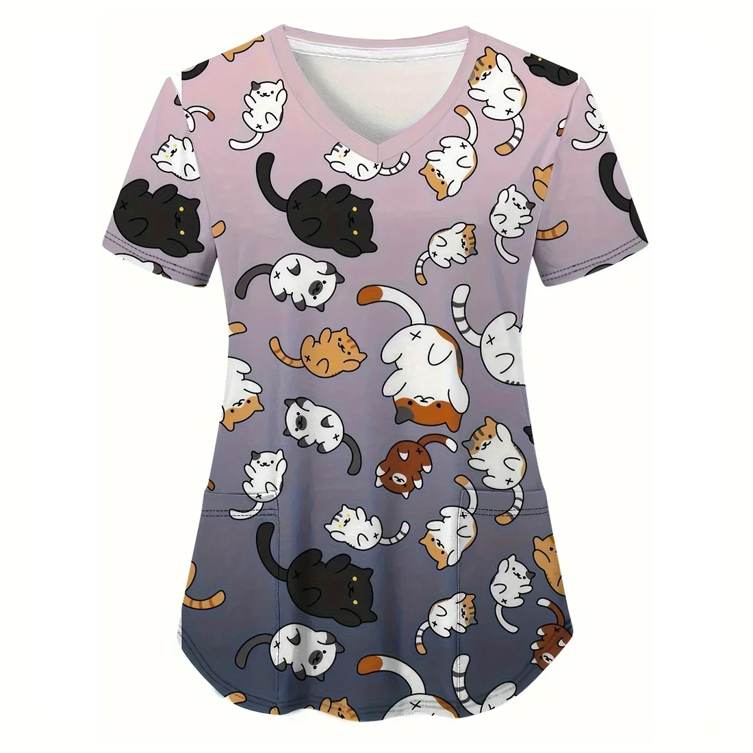 Униформа для кормления для женщин, топы для кормления домашних животных с милым котом и мультяшным принтом, модная футболка с v-образным вырезом и коротким рукавом, ветеринарная униформа, женская медицинская униформа