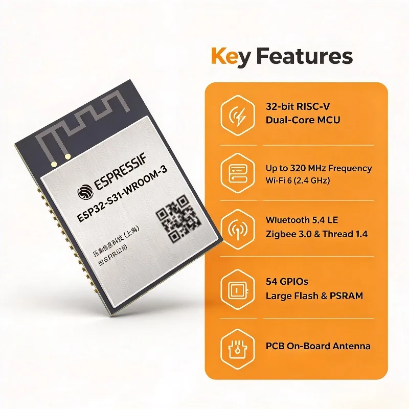 ESP32-S31-WROOM-3-N16R16V Multiprotocol AIoT Module 32 Bit RISC-V Wi-Fi 6 Bluetooth 5.4 54 GPIO Audio Screen HMI Wireless Sensin