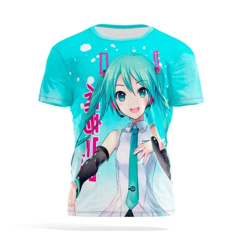 Summer Miku Hatsune Retro Cosplay T-shirt Men's Oversized 3D Printed Short-Sleeved Unisex Children's Sports Shirt for Family