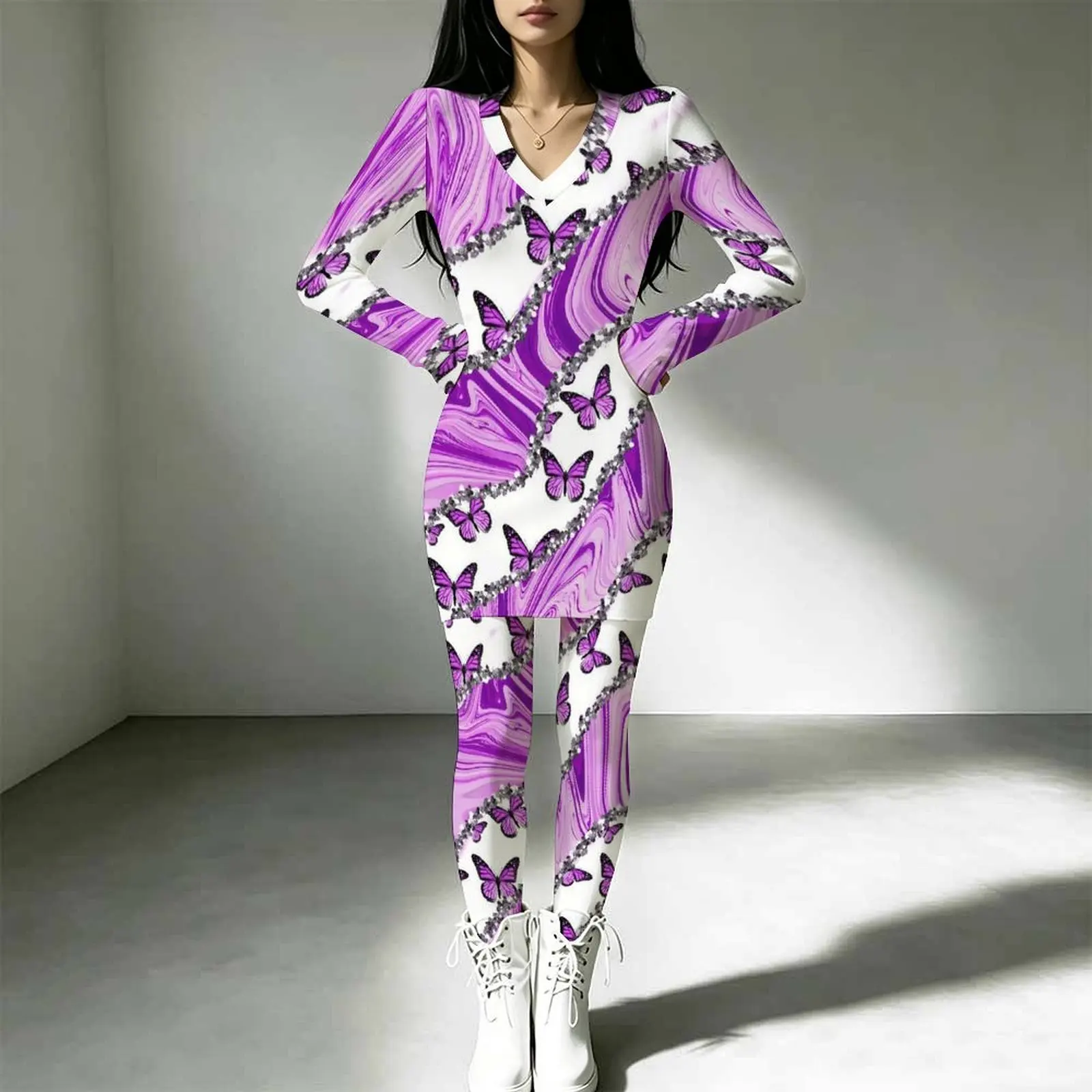 2pcs Printed Suit Daily Street V-neck Long Sleeve Autumn Elegant Long Sleeve Retro Pants Winter Women's Sexy Tight Two Piece Set