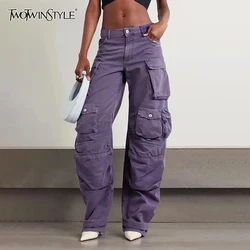 Pantalones de mezclilla con bolsillos sólidos de estilo TWOTWINSTYLE para mujer, botones de retazos de cintura alta, pantalones vaqueros casuales de carga, estilo de moda para mujer