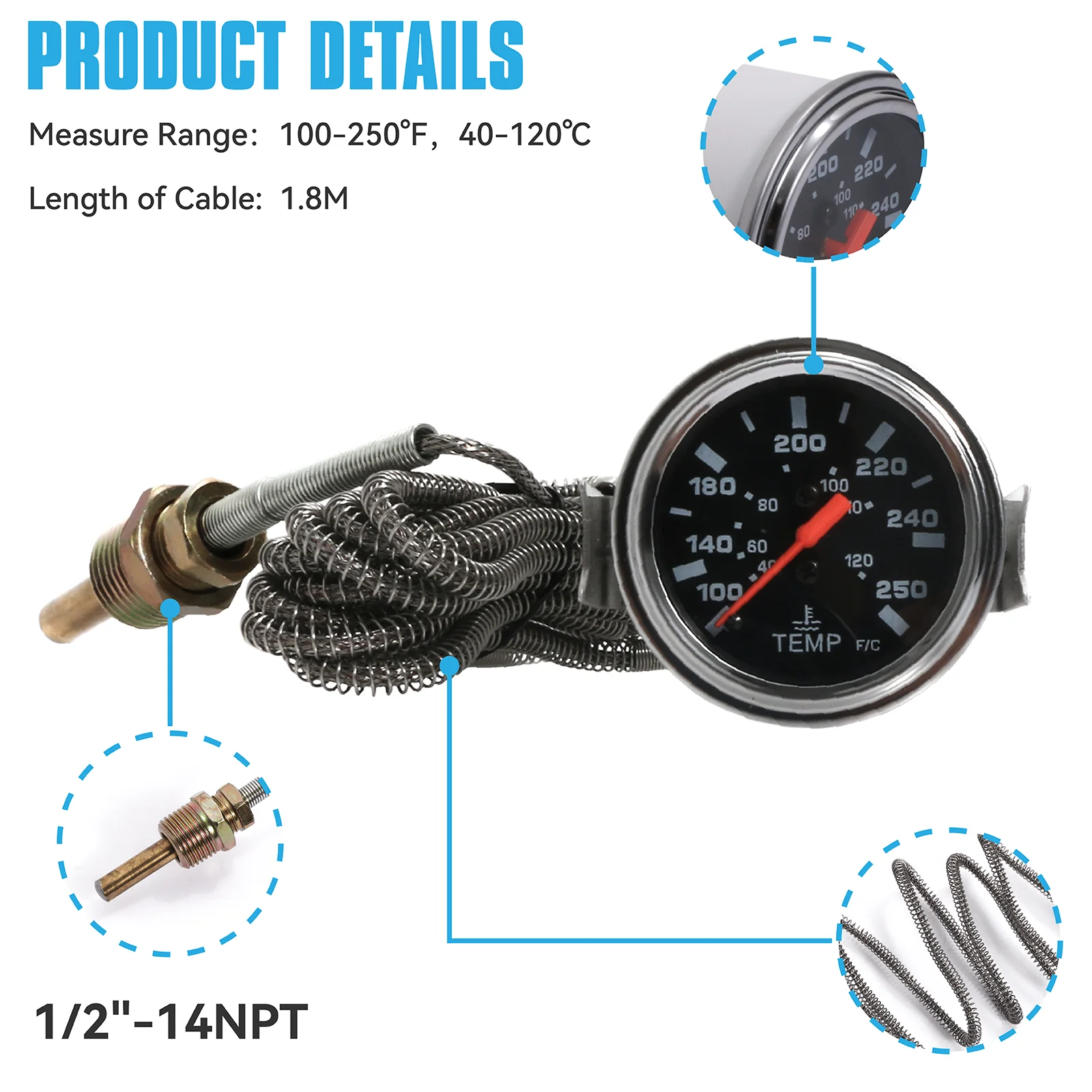 

2" 52MM 40-120℃/100-250℉ Water Temp Gauge 12V Water Temperature Gauge Car Meter With Sensor NPT 1/2 shipping from US