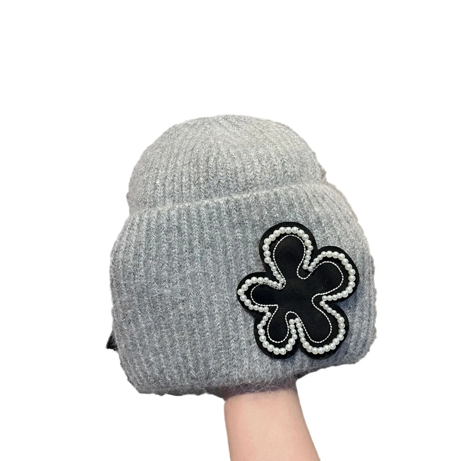 

​​Fashion Pearl Flower Wool Hat New Winter Soft Sequin Rabbit Fur Knit Beanie Outdoor Versatile Luxury Hat Women​