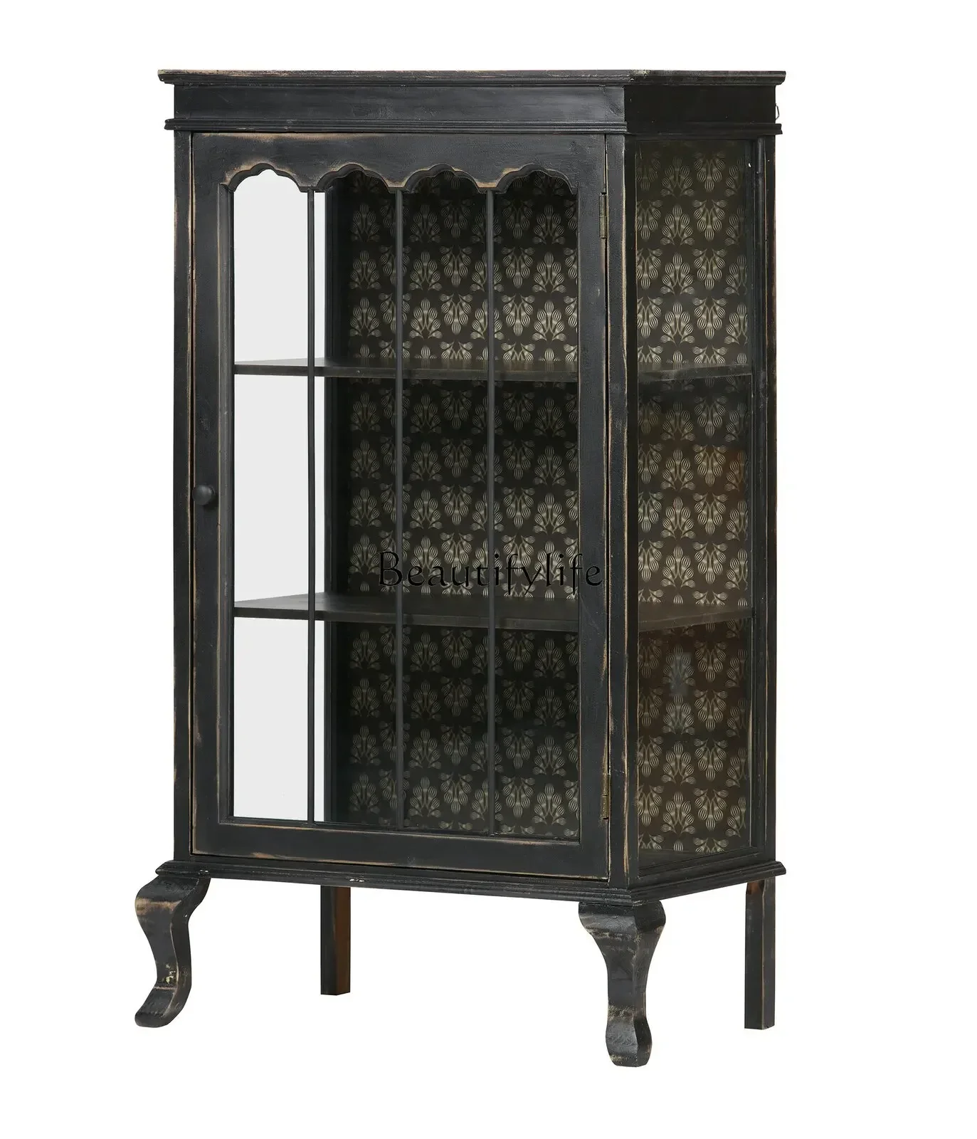 

02 Pastoral Style Black Wooden Glass Dining Room Living Room Entrance Display Storage Cabinet