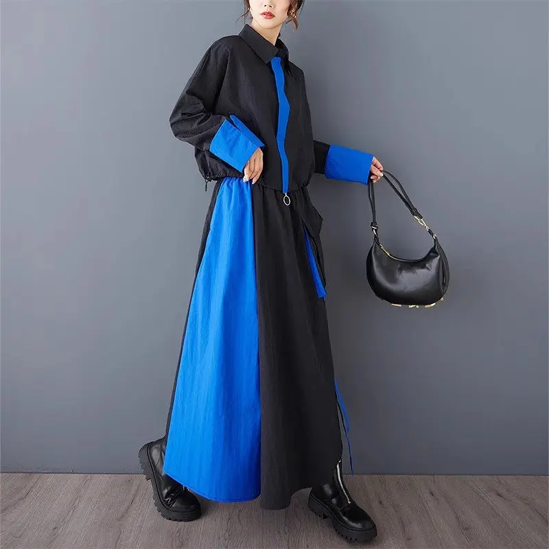 2026 Spring Two-Piece Suit Set for Women Outfits Contrasting Color Splicing Zipper Short Top Large Pocket Ribbon Skirt A444