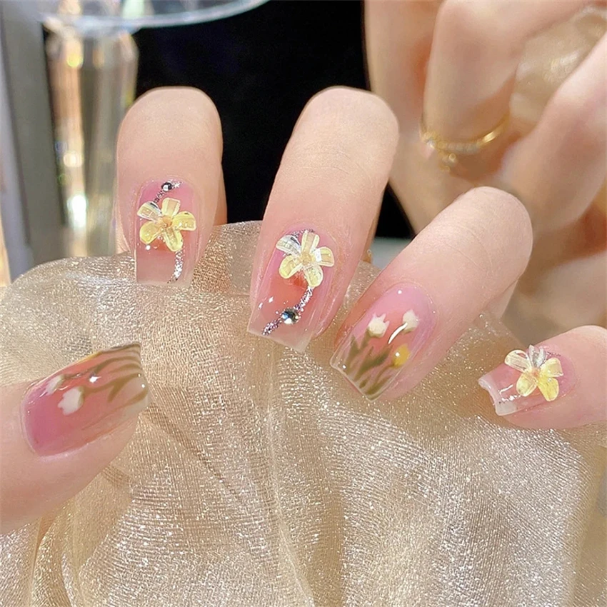 24Pcs/Set Pearl Drilling Square Wearing False Nails Repeated Use Press on Nail Tips Gradient Color Halo Explosion Fake Nails Art