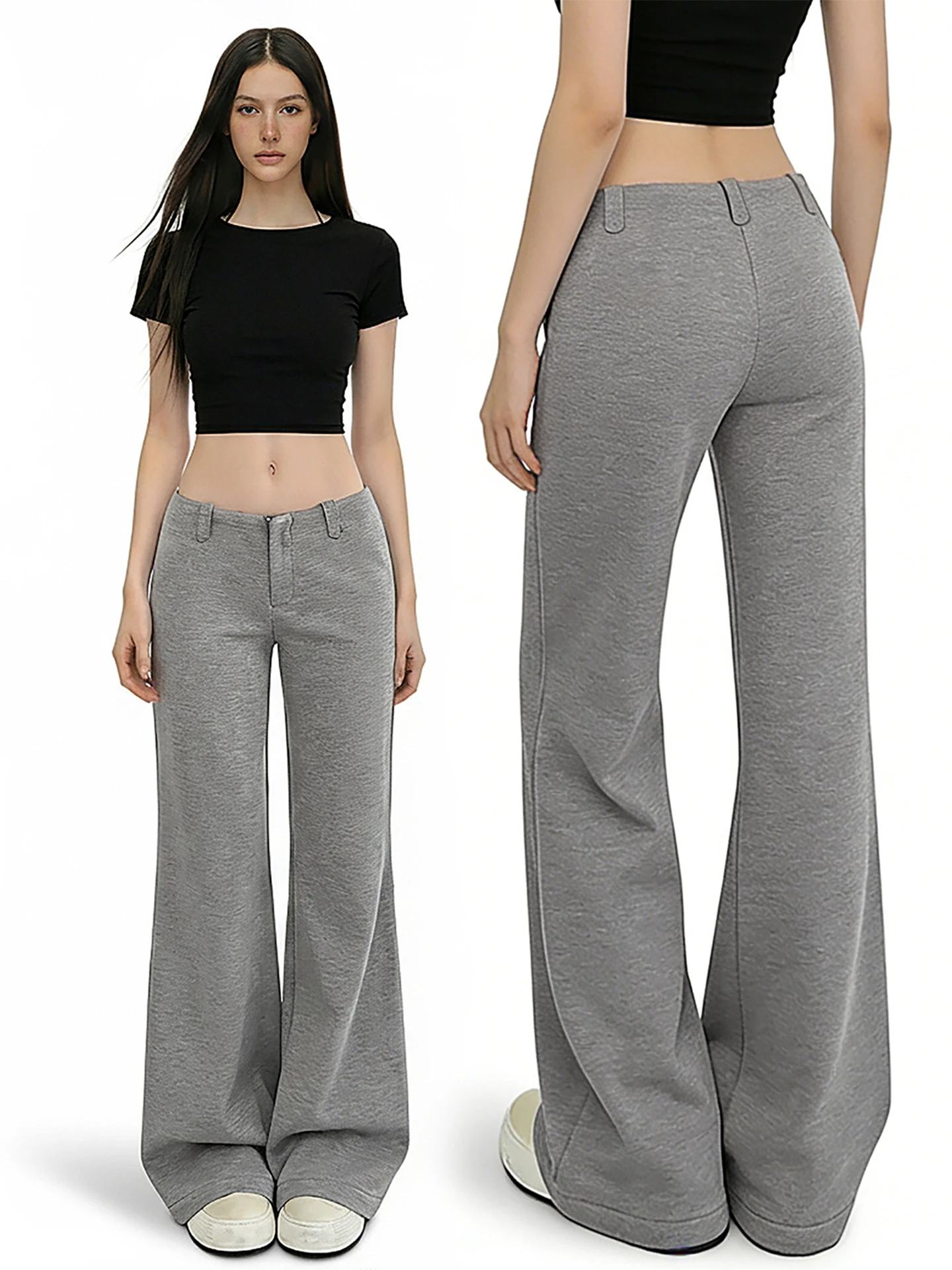 

Funoff American Simple Grey Low Waist Straight Leg Suit Pants Office Commute Loose Fit Wide Leg Trousers Women's Fashion