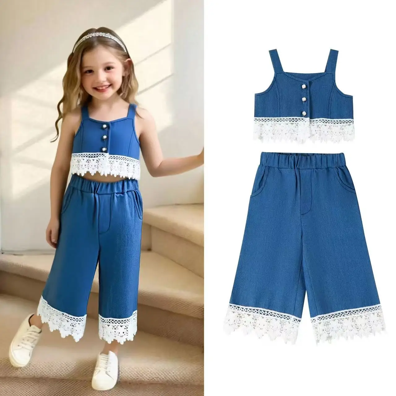 

2-7 Years Girls Summer Outfit Sleeveless Denim Lace Top with Wide Leg Jeans Two-Piece Set Fashion Trendy 90-140cm