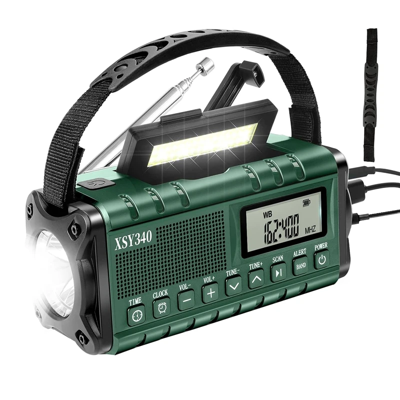 Radio meteorológica de emergencia, manivela manual AM/FM/NOAA, Radio con cargador de teléfono de 10000Mah con energía Solar, reloj despertador con pantalla LCD de fácil instalación