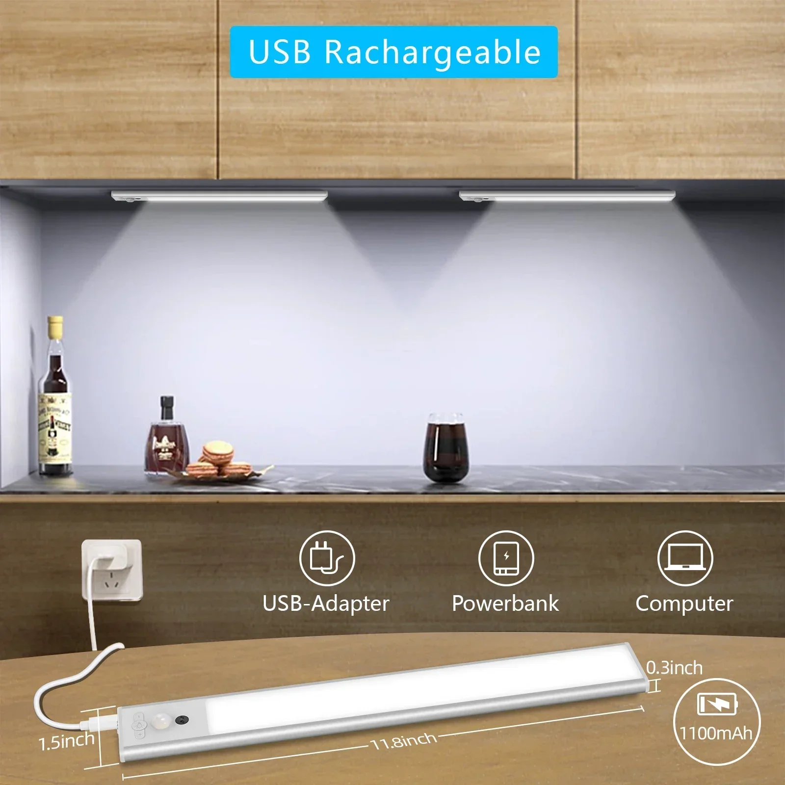 USB Rechargeable Wireless Sensor Light Night Lights Stick-on Night Light Bar for Kitchen, Wardrobe, Garage, Stairs, Bedroom