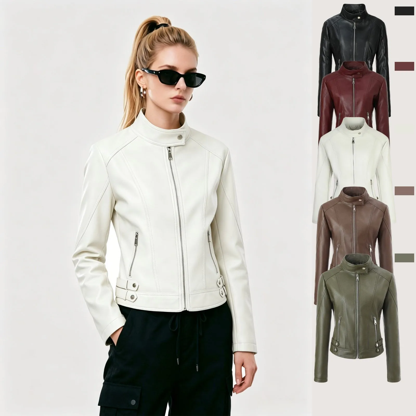 Zipper Stand Collar Coats with Regular Length Slim Fit Elegant Long Sleeve Women Jacket Wrinkle Resistant Finish No Hood