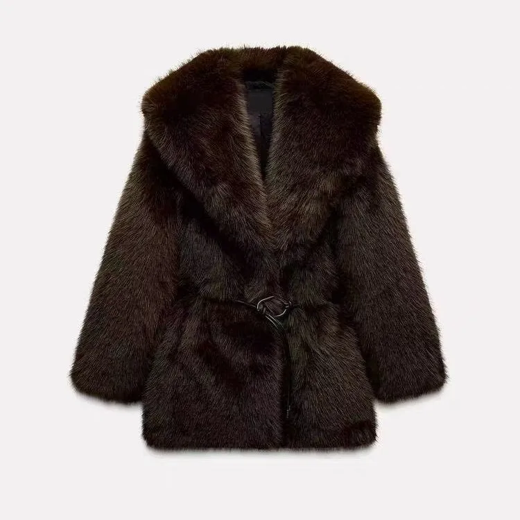 Nuova pelliccia sintetica di media lunghezza colletto rovesciato colore caffè marrone cappotto di peluche ecologico donna calore temperamento indumento superiore