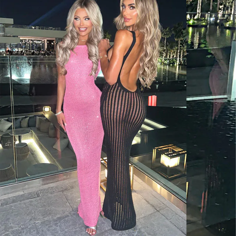 

Woman Sexy Dress U Hollow Backless Slim Sleeveless Maxi Dress Hot See-through Wrap Solid Vacation Hip Beach Evening Robe Dress